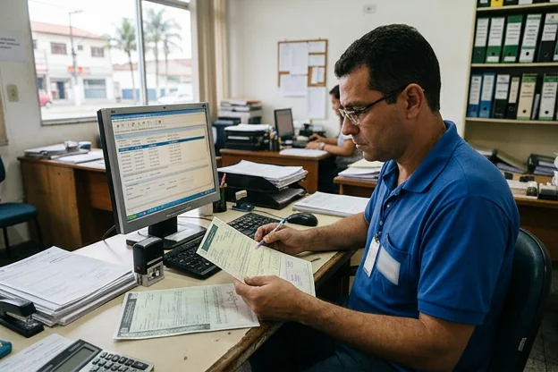 Despachante analisando datas de vencimento, com documentos em uma mesa de trabalho.