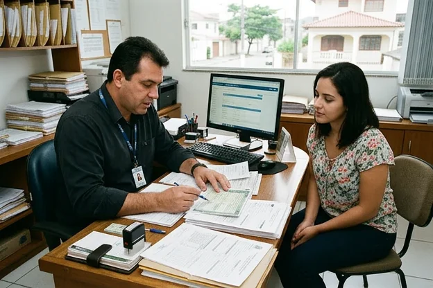 Despachante checando documentos para renovação da CNH, com cliente na mesa.