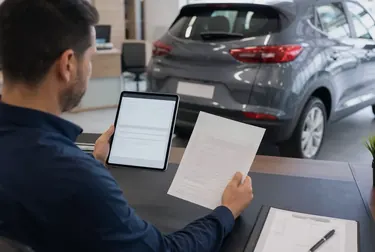 Despachante cuidando do licenciamento, com documentos e equipamentos de informática.
