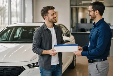 Despachante cuidando do primeiro emplacamento, mostrando documentos e um carro novo.