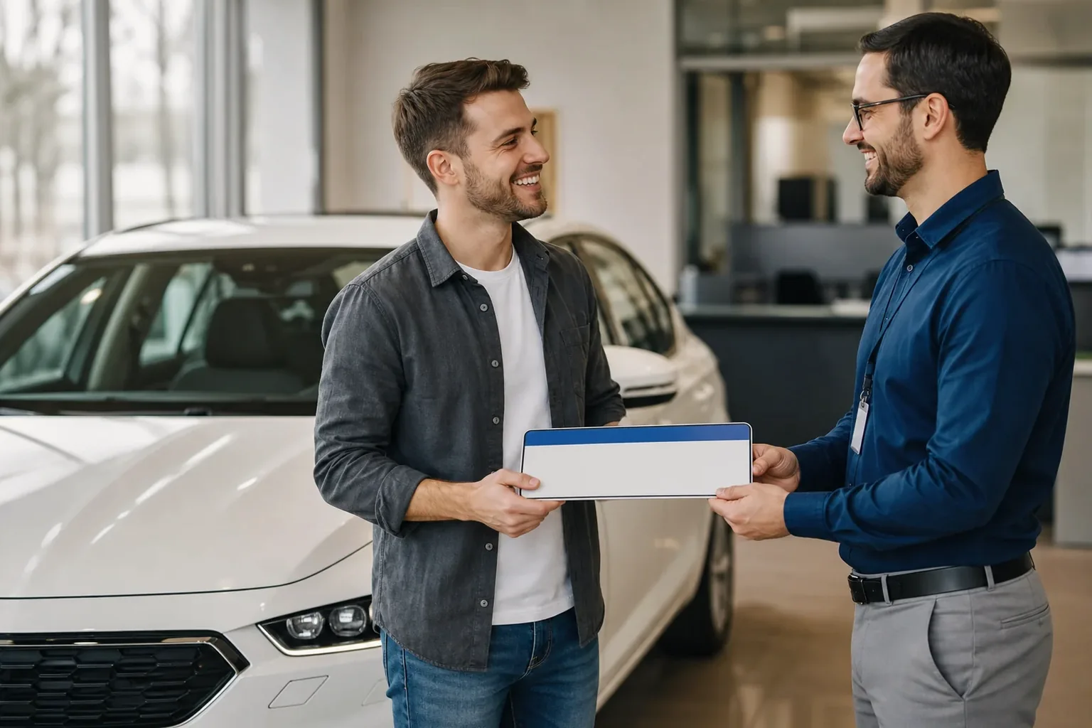 Despachante cuidando do primeiro emplacamento, mostrando documentos e um carro novo.