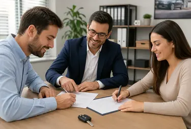 Despachante executando transferência de veículo, com papéis à vista.