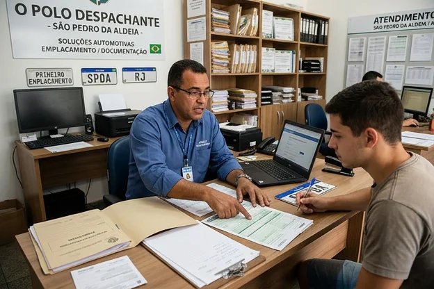 Despachante orientando cliente sobre primeiro emplacamento de veículo, com papéis e laptop.