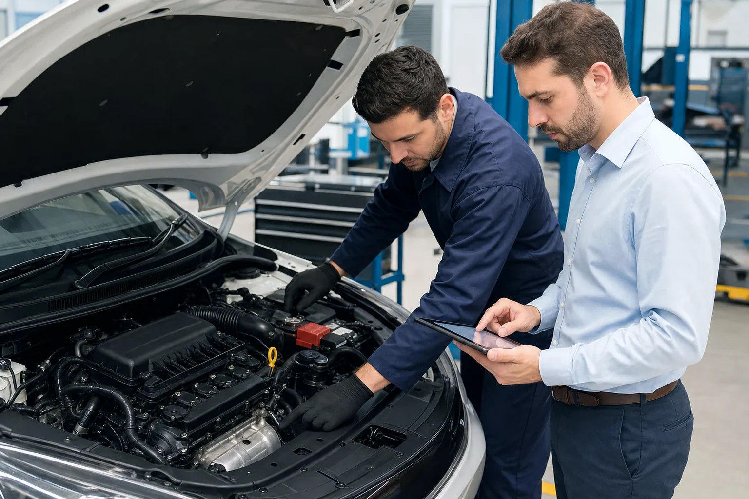 Despachante registrando cadastro de motor, cercado por papéis e um computador.