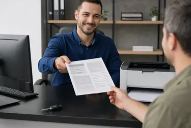 Despatchante imprimindo CRLV-e, com máquinas e papéis de documentos.